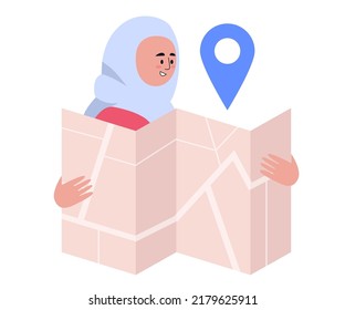 Turismo, concepto de navegación de mapas. El carácter contiene un mapa. Ilustración de vector plana colorida