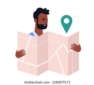 Turismo, concepto de navegación de mapas. El carácter contiene un mapa. Ilustración de vector plana colorida