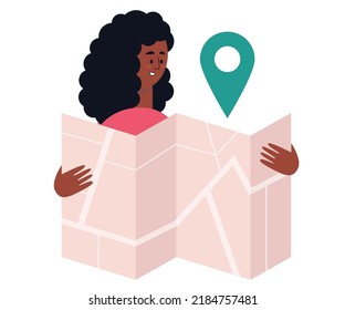 Tourism, map navigation concept. Character holds a map. Colorful flat vector illustration