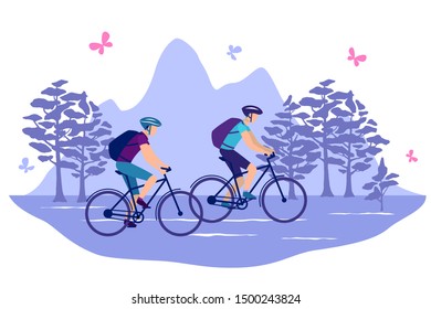 Tourism. Men ride bicycles on a background of mountains. Eps10 vector flat illustration.