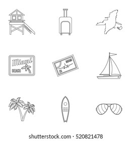 Tourism in Miami icons set. Outline illustration of 9 tourism in Miami vector icons for web