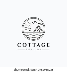 Tourism minimalist line art cabin vector illustration logo design. Simple modern cottage logo concept.