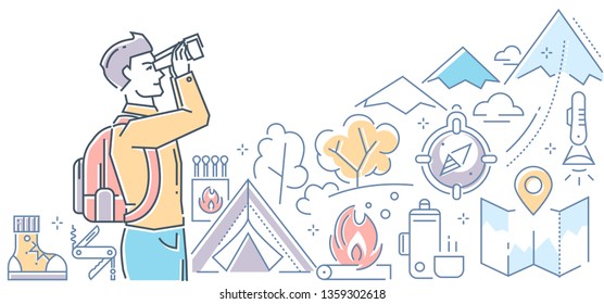 Tourism - modern colorful line design style illustration on white background. High quality composition with young man, boy looking at mountains with binocular, tent, map, compass, camping equipment