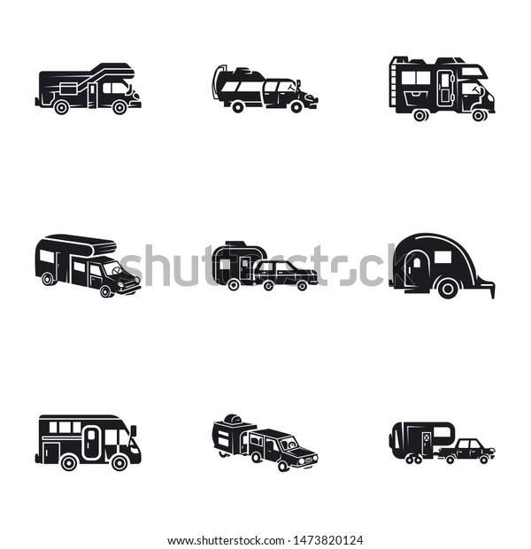 Tourism\
motorhome icon set. Simple set of 9 tourism motorhome vector icons\
for web design isolated on white\
background
