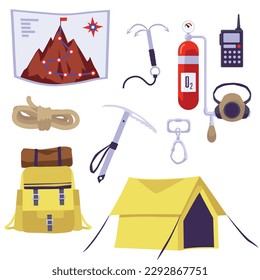 Colección de iconos de equipos de turismo y montañismo. Gran conjunto de objetos para acampar y escalar aventura, ilustración vectorial plana aislada en fondo blanco.