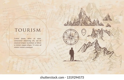 Tourism. Mountains, compass, map pointer, tourist. Renaissance background. Medieval manuscript, engraving art 