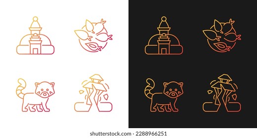 Tourism in Nepal gradient icons set for dark and light mode. Swayambhu stupa. Nepalese cuisine. Thin line contour symbols bundle. Isolated vector outline illustrations collection on black and white