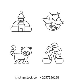 Tourism in Nepal linear icons set. Swayambhu stupa. Nepalese cuisine. Red panda. Yomari dish. Customizable thin line contour symbols. Isolated vector outline illustrations. Editable stroke