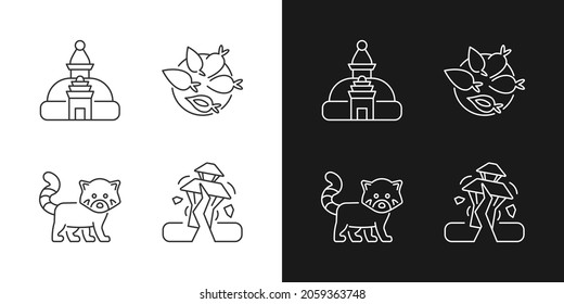 Tourism in Nepal linear icons set for dark and light mode. Swayambhu stupa. Nepalese cuisine. Red panda. Customizable thin line symbols. Isolated vector outline illustrations. Editable stroke