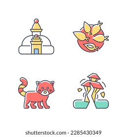 Tourism in Nepal RGB color icons set. Swayambhu stupa. Nepalese cuisine. Red panda. Earthquake risk. Monkey temple. Yomari dish. Isolated vector illustrations. Simple filled line drawings collection