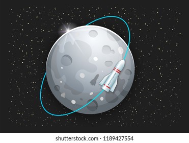 Tourism on the Moon, rocket flight around the Moon on stary sky. Vector illustration