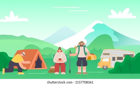 Tourism on nature. Friends camping. Man setting up tent, woman sitting on chair with cup of hot tea. Tourist having outdoor active rest. Characters having recreation near mountains vector