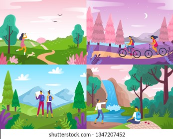 Tourism on nature. Mountaineering travelers, travel explore landscape and traveling sport rest. Hiking adventure, extreme survivalism sports or peaceful nature meditation flat vector illustration