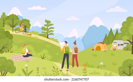 Tourism On Nature, Trekking And Hiking In Mountain. Vector Of Tourism Mountain, Outdoor Nature Adventure, Travel Landscape Illustration