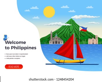 Tourism on philippines sail boat in blue sea on background of volcano and churches vector illustration