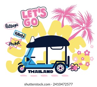 Tourism on tuk tuk driving to travel in pattaya, krabi, phuket of thailand isolated on white background illustration vector.