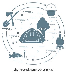 Tourism and outdoor recreation. Tourist tent, kettle, fire, ax, firewood, shovel, tree, fish, hook.