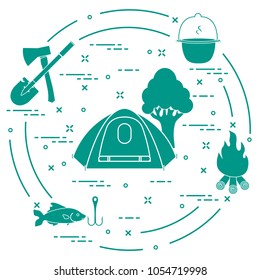 Tourism and outdoor recreation. Tourist tent, kettle, fire, ax, firewood, shovel, tree, fish, hook.