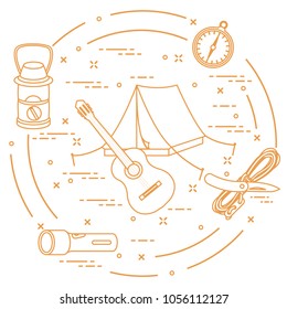 Tourism and outdoor recreation. Tourist tent, guitar, flashlight, rope, knife, compass, lamp.