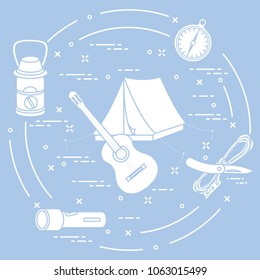 Tourism and outdoor recreation. Tourist tent, guitar, flashlight, rope, knife, compass, lamp.