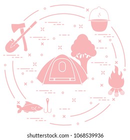 Tourism and outdoor recreation. Tourist tent, kettle, fire, ax, firewood, shovel, tree, fish, hook.