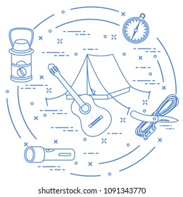 Tourism and outdoor recreation. Tourist tent, guitar, flashlight, rope, knife, compass, lamp.