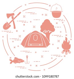 Tourism and outdoor recreation. Tourist tent, kettle, fire, ax, firewood, shovel, tree, fish, hook.
