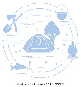 Tourism and outdoor recreation. Tourist tent, kettle, fire, ax, firewood, shovel, tree, fish, hook.