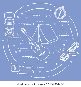 Tourism and outdoor recreation. Tourist tent, guitar, flashlight, rope, knife, compass, lamp.