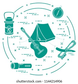 Tourism and outdoor recreation. Tourist tent, guitar, flashlight, rope, knife, compass, lamp.