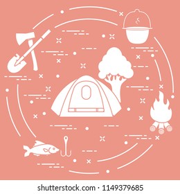 Tourism and outdoor recreation. Tourist tent, kettle, fire, ax, firewood, shovel, tree, fish, hook.