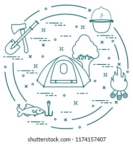 Tourism and outdoor recreation. Tourist tent, kettle, fire, ax, firewood, shovel, tree, fish, hook.