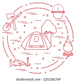 Tourism and outdoor recreation. Tourist tent, kettle, fire, ax, firewood, shovel, tree, fish, hook.