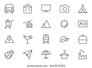 Tourism outline icon set. Airplane, trip, beach, passport, summer vacations, luggage, camping, hotel. Collection of traveling and tourism elements. Vector illustration.