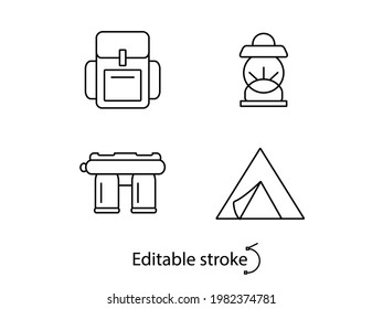 Tourism outline icons set. Camping design. Customizable linear contour symbol. Editable stroke. Isolated vector stock illustration