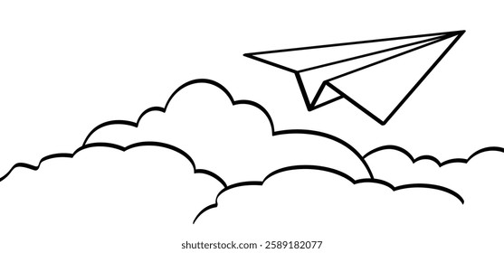 Tourism, paper airplane flies above the clouds in the sky. Air plane flight route. Vector Aircraft and cloud sign. For summer vacation or holiday. Travel, navigation destination.