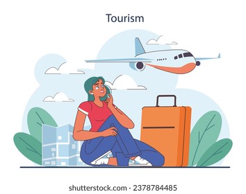 Tourism. People traveling the world seeing attractions and cultural heritage. Traveler booking a hotel and packing a baggage. Active lifestyle. Flat vector illustration