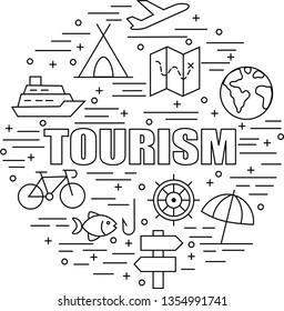 Tourism poster template. Brewing vector line icon, circle illustration for tourism office. Elements - plane, tent, Earth, map, boat, bike, fishing, helm, signpost, parasol