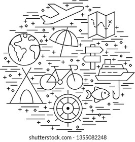 Tourism poster. Vector line icon, circle illustration for tourism office. Elements - plane, tent, Earth, map, boat, bike, fishing, helm, signpost, parasol