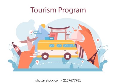 Programa de turismo. Agente creando viaje y consultando a un cliente. Organización turística personal, complejo turístico y reserva de hoteles. Ilustración vectorial plana