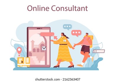 Tourism program. Agent creating travel tour and consulting a customer. Personal tour organization, resort and hotel booking. Flat vector illustration