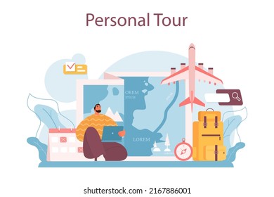 Tourismusprogramm. Mitarbeiter, die Reisen erstellen und Kunden beraten. Persönliche Reiseorganisation, Resort und Hotelbuchung. Flache Vektorgrafik