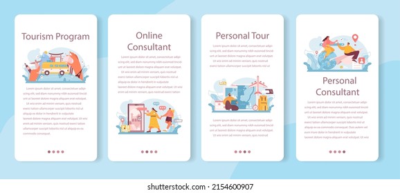 Tourism program mobile application banner set. Agent creating travel tour and consulting a customer. Personal tour organization, resort and hotel booking. Flat vector illustration