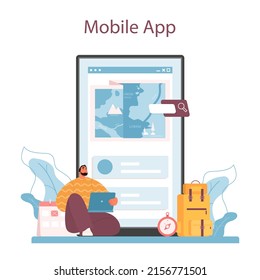 Tourism program online service or platform. Agent creating travel tour and consulting a customer. Personal tour organization. Mobile app. Flat vector illustration