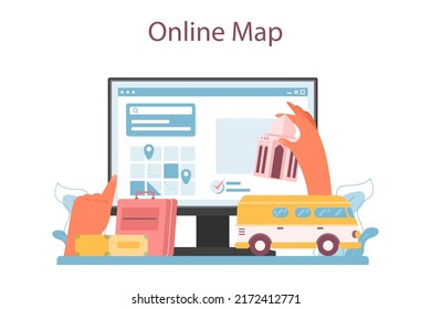 Programa de turismo servicio en línea o plataforma. Agente creando viaje y consultando a un cliente. Organización de turismo personal. Mapa en línea. Ilustración vectorial plana