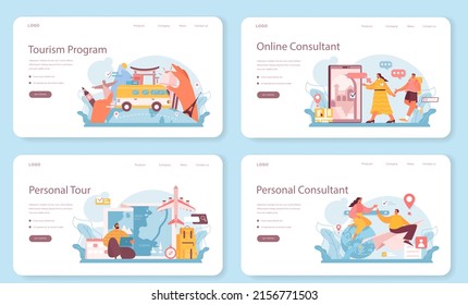 Tourism program web banner or landing page set. Agent creating travel tour and consulting a customer. Personal tour organization, resort and hotel booking. Flat vector illustration