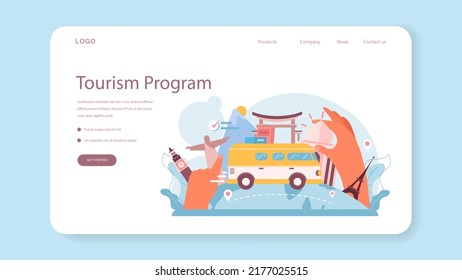 Tourism program web banner or landing page. Agent creating travel tour and consulting a customer. Personal tour organization, resort and hotel booking. Flat vector illustration