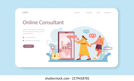 Tourism program web banner or landing page. Agent creating travel tour and consulting a customer. Personal tour organization, resort and hotel booking. Flat vector illustration