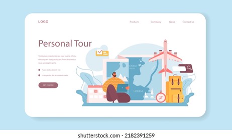 Tourism program web banner or landing page. Agent creating travel tour and consulting a customer. Personal tour organization, resort and hotel booking. Flat vector illustration