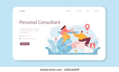 Tourism program web banner or landing page. Agent creating travel tour and consulting a customer. Personal tour organization, resort and hotel booking. Flat vector illustration